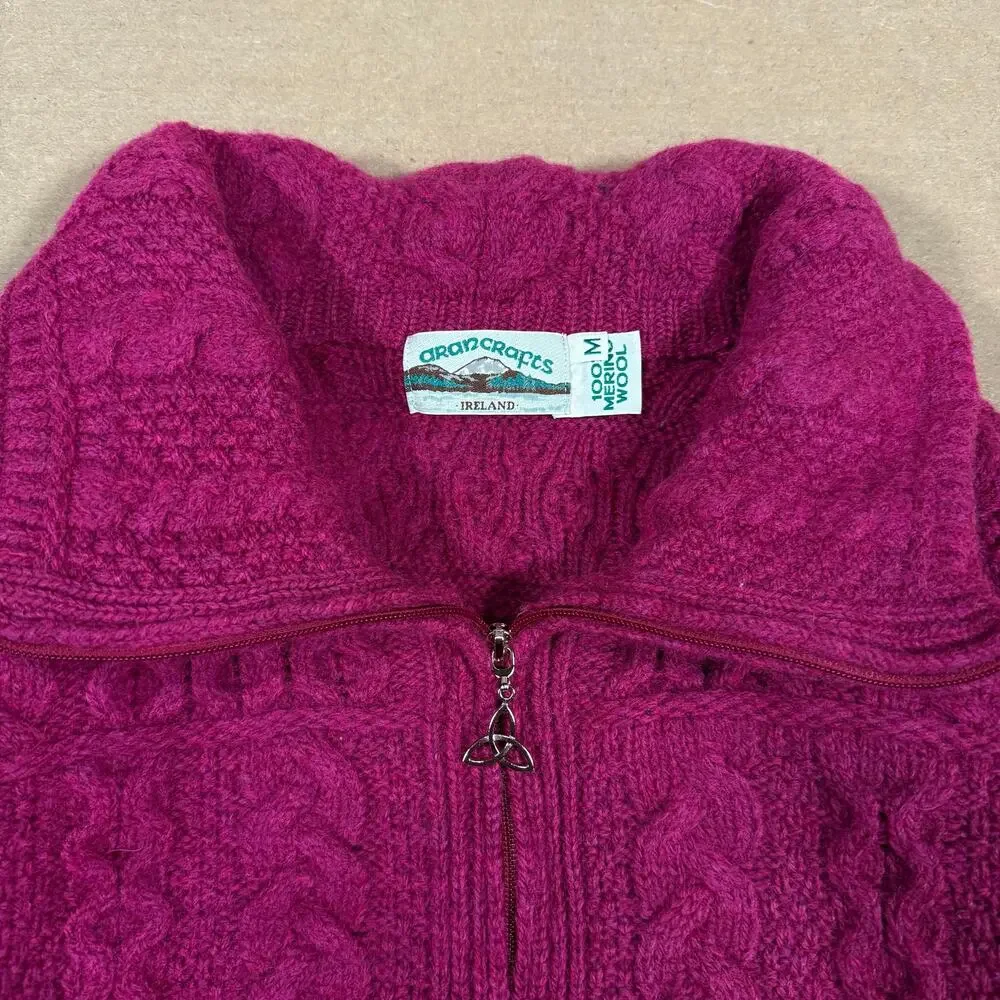 Vintage Pink Merino Wool Zip Knit Sweater Jacket Ireland Women’s Cropped Fit XS